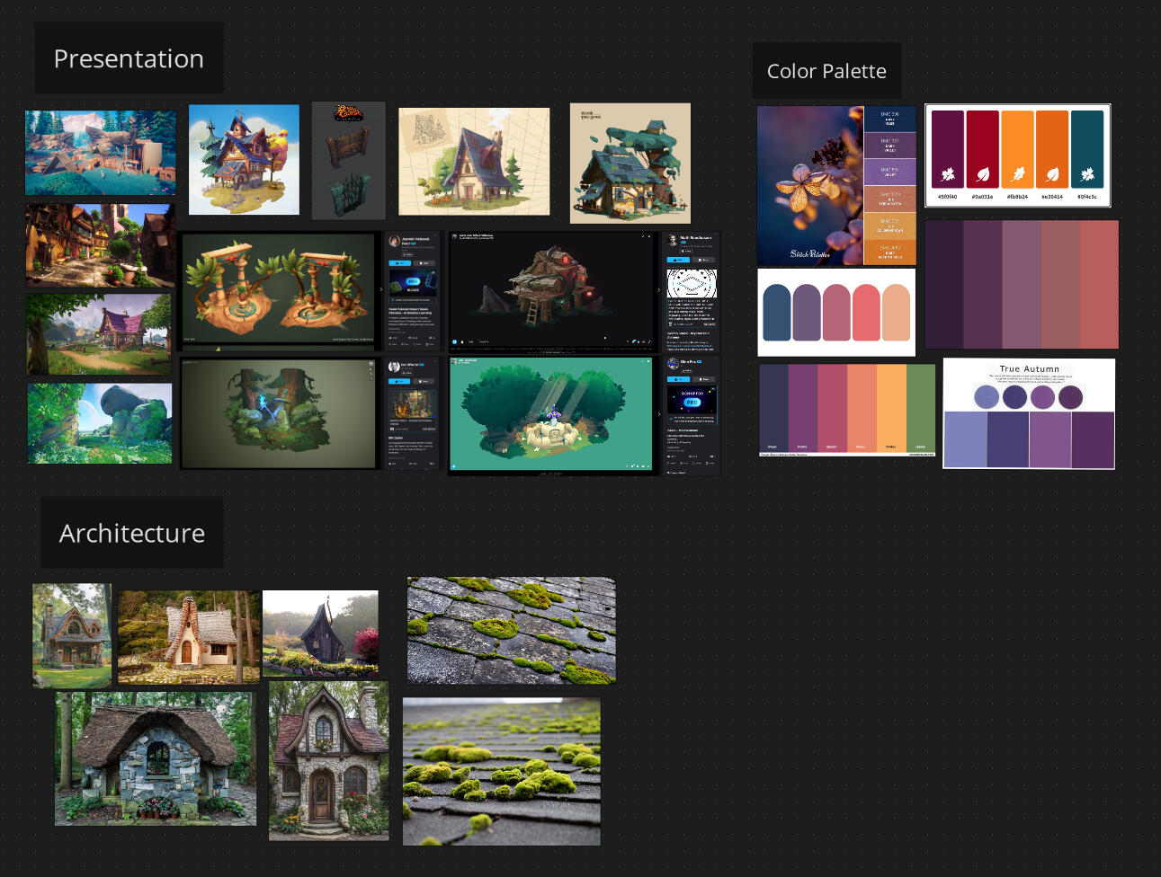 My Reference Board, I gathered as many references as I could find that matched my vision for the project, and spent some time find a color palette that will give the scene the feeling I'm looking for.