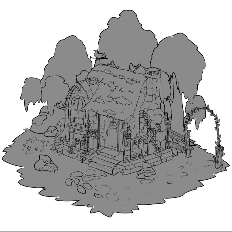 I wanted to make an illustration to guide my work going forward. I'm not super familiar with environment illustration, and I think that shows here in how stiff and boxy the cabin looks, next to how curvy and whimsical my references look.
