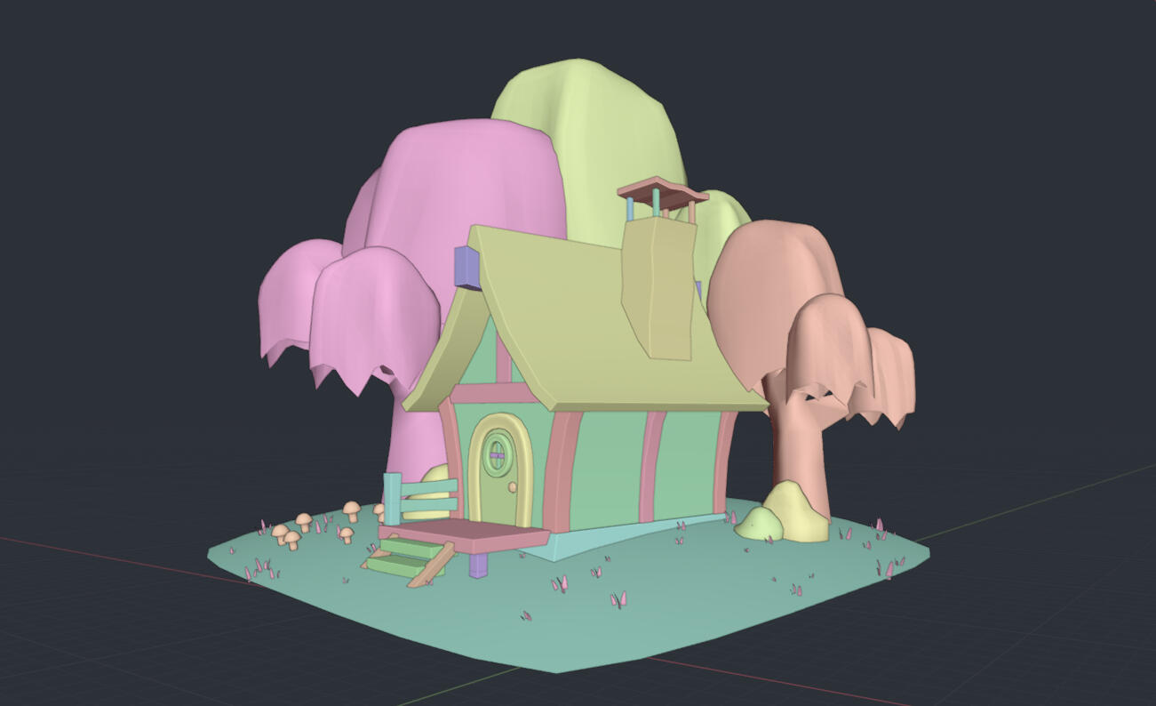 I ended with a much better shape for the cabin than before. I kept the architecture simple as I want to focus on textures and style, I still need to add other details before I can move on to proper modeling and sculpting, but I'm much happier with this.